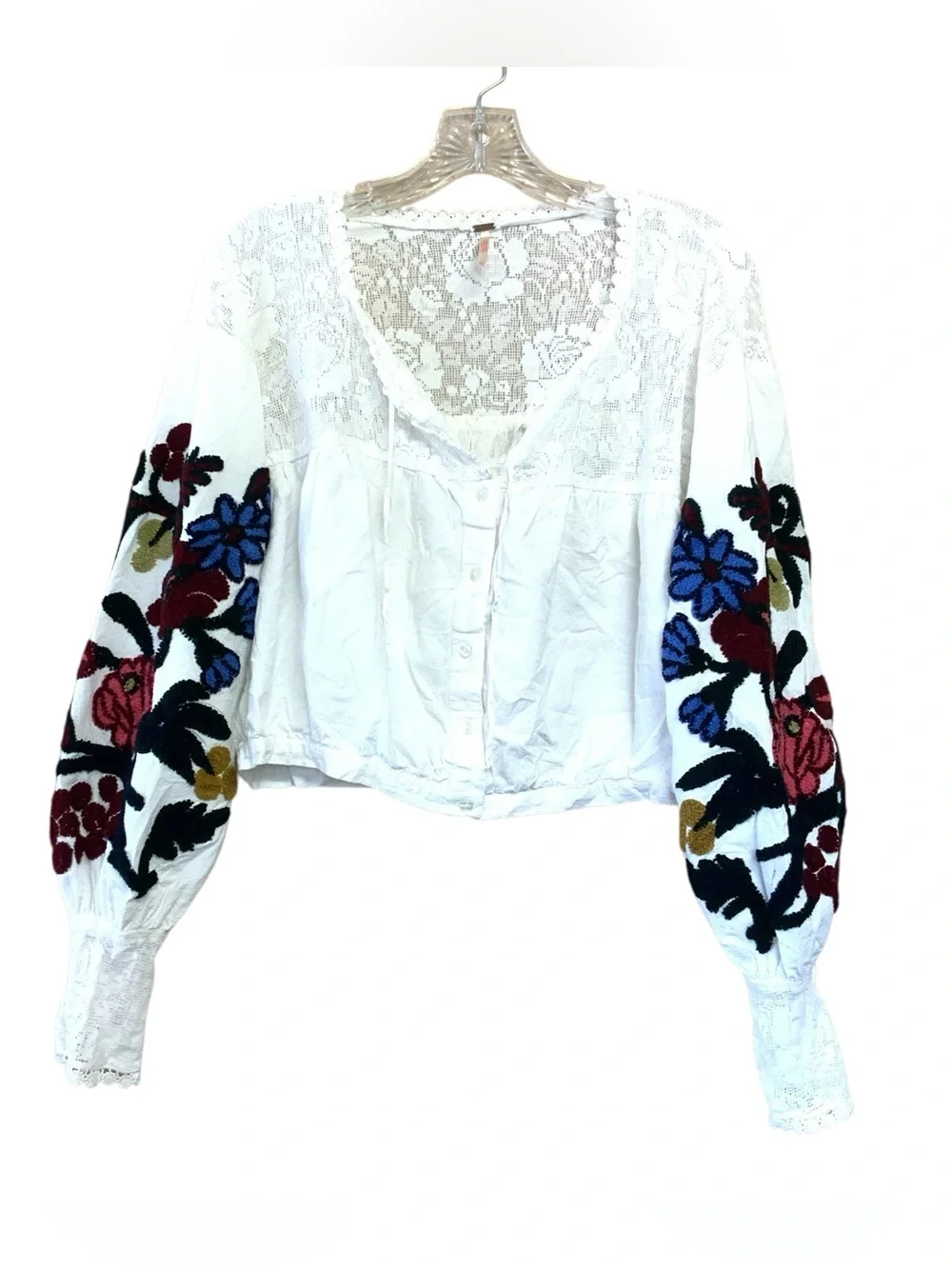 Free People Meadows XS Embroidered Flowy Peasant Cropped Boho Festival Top